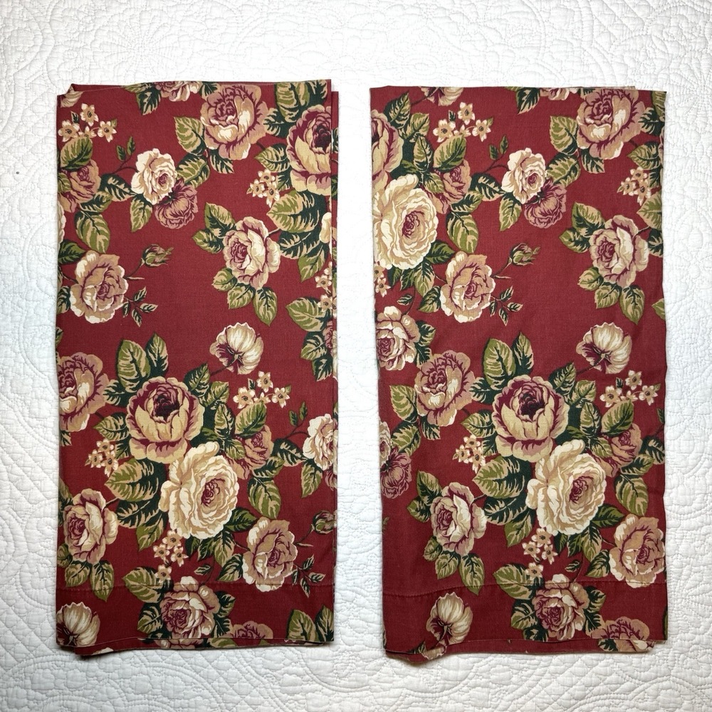 Vintage Cottagecore Floral Set of 2 King Pillowcases Red Rose Cotton Percale